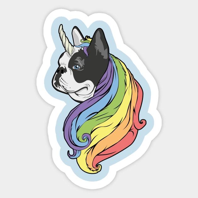 Frenchie with Rainbow mane and unicorn horn Sticker by BOEC Gear